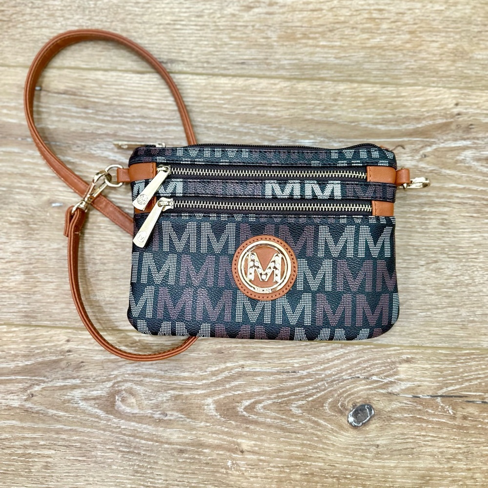 Chic MFK Signature “M” Print Crossbody – Charcoal, Brown & Gold